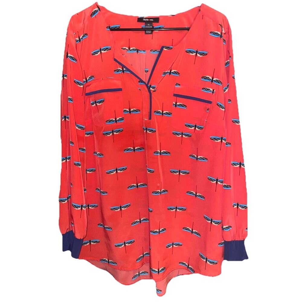Style & Co Tunic Top Size XL Coral Dragon Fly Print Long Sleeve Blouse Women's